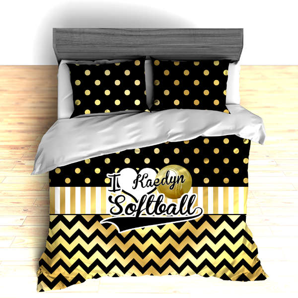 I Love Softball Themed Bedding, Gold Polka dots and Chevron Duvet or Comforter Sets - 2cooldesigns
