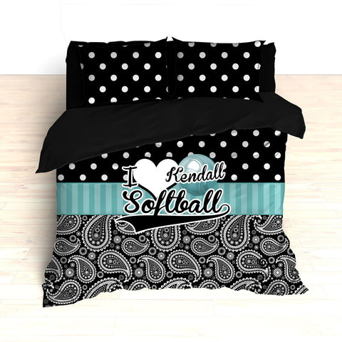 Personalized Paisley Softball Bedding, Duvet or Comforter Sets, Teal and Black Paisley - 2cooldesigns