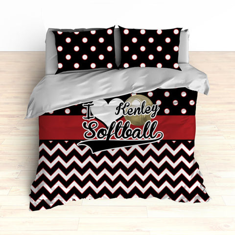 Personalized Softball Theme Bedding, Duvet or Comforter Sets, Red and Black Chevron - 2cooldesigns