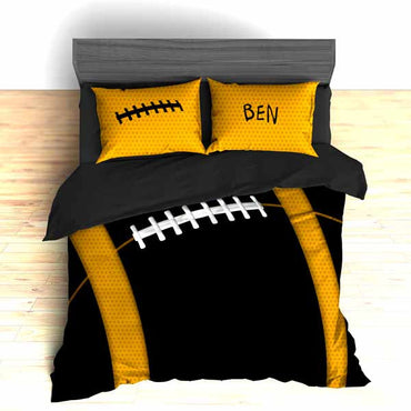 Personalized Football Team Colors Themed Bedding, Duvet or Comforter Sets, Gold and Black - 2cooldesigns