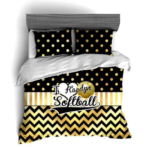 I Love Softball Themed Bedding, Gold Polka dots and Chevron Duvet or Comforter Sets - 2cooldesigns